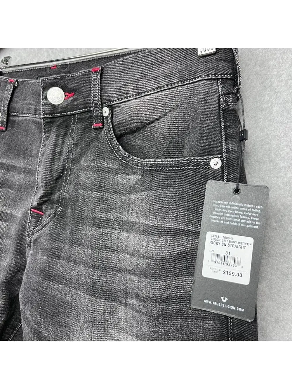 True Religion Ricky Relax Straight Jeans W31 L34 Black Red Stitch Y2K Baggy New